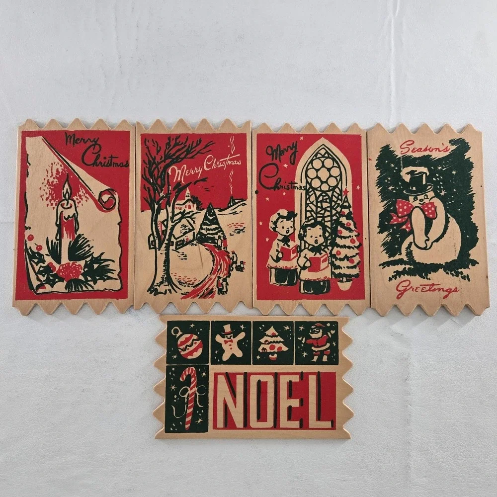 Merry Christmas Season's Greetings Wood Postcards Lot Of 5 New ATTCO-227 Holiday